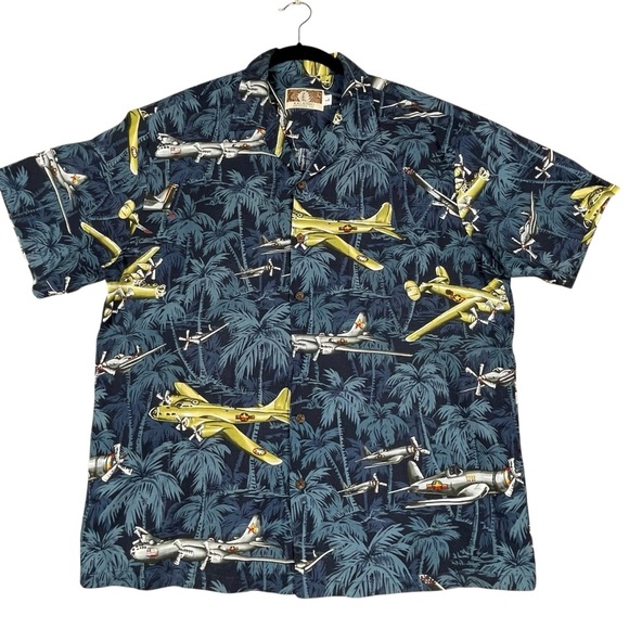 Kalaheo Fighter Bomber Airplane Hawaiian Beach Summer Military Camp Shirt - Sz L - Picture 1 of 15